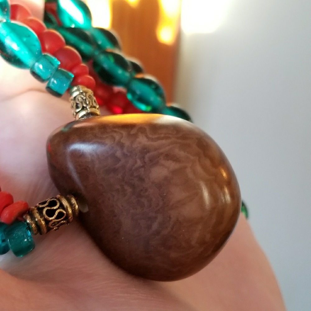 Relisted - Boho Nut Bead necklace teal orange statement - Picture 6 of 8